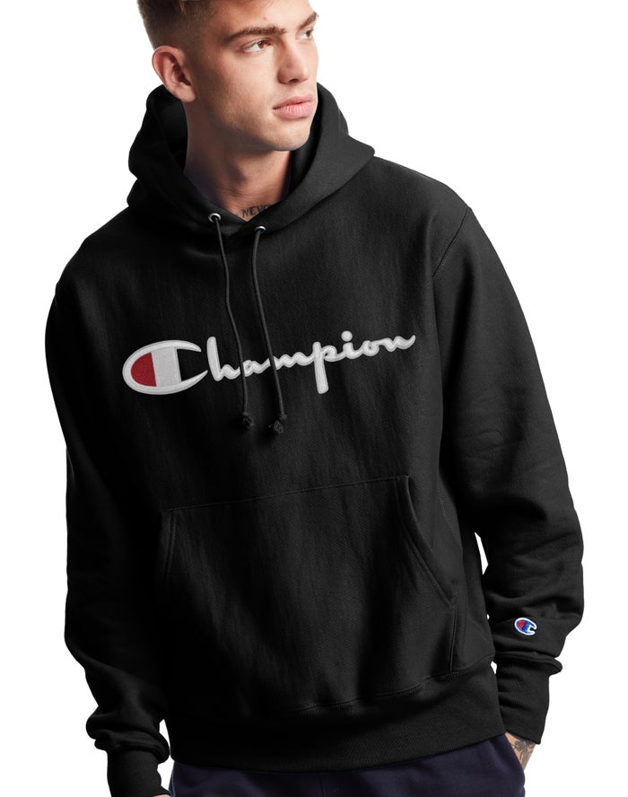 Champion Reverse Weave Vintage Script Logo Erkek Kapşonlu Sweatshirt Siyah ( RXLTGF180 )